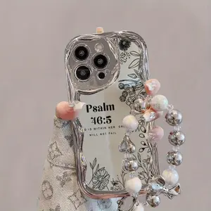 Electroplated Silver Arc Edge Pattern Phone Case with Pearl Bracelet Strap Design, Shockproof, Durable, Unique Pattern Compatible with iPhone 16 15 14 13 12 11 Pro Promax 16 15 14 Plus, Cute Fashion Thickened Shockproof Phone Case