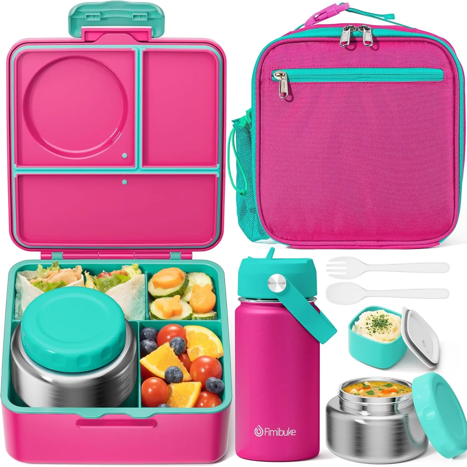 Fimibuke Leakproof Bento Lunch Box with 8.5oz Insulated Food Jar, Utensils & Sauce Container – BPA-Free, Dishwasher Safe, 3 or 4 Compartments for Scho