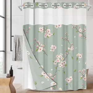 1pc hookless shower curtain with liner, green branch light green base design 2D flat printing, fabric waterproof liner shower curtain with window, double-layer shower curtain, 71 x 74 inches, modern home curtain decoration