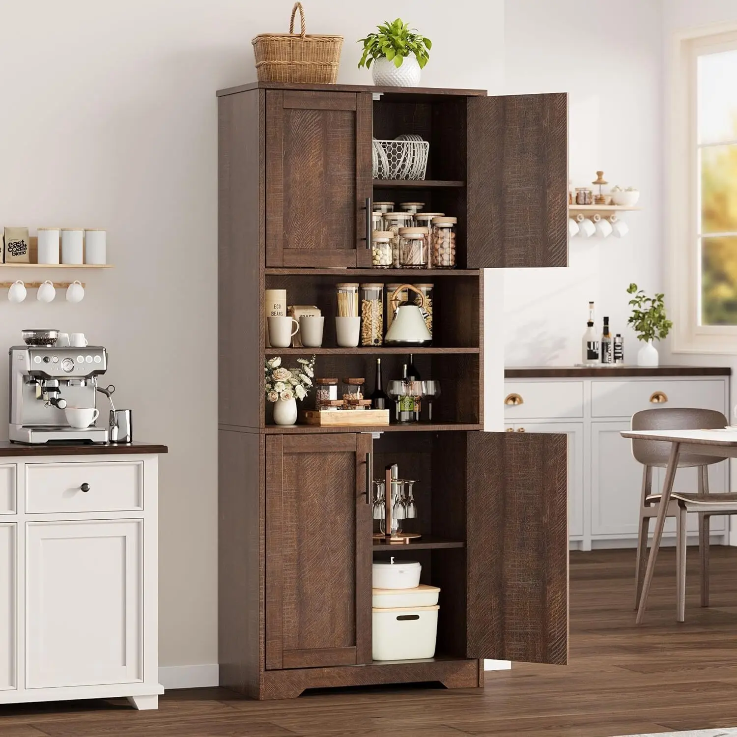 Farmhouse MDF Wood Storage Cabinet - 67 in H Reddish Brown Indoor Freestanding Cabinet with Glass Doors, Adjustable Shelves, Barn Panels, Waterproof, Assembly Required, Effortless Cleaning for Living Room, Dining Room, Farmhouse Storage Cabinet