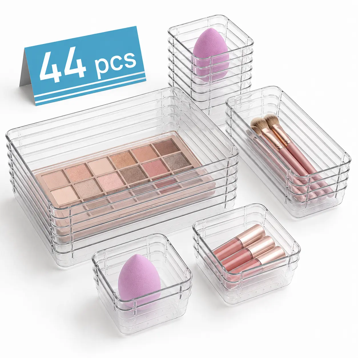 44 PCS Clear Plastic Drawer Organizers Set - 4-Size Vanity Trays for Makeup, Bathroom, Indoor Recreation Use, Inflatable,  Folding, Artificial Luxurious Organizers,PVC,Kids,living Cosmetic Holder Expandable Storage