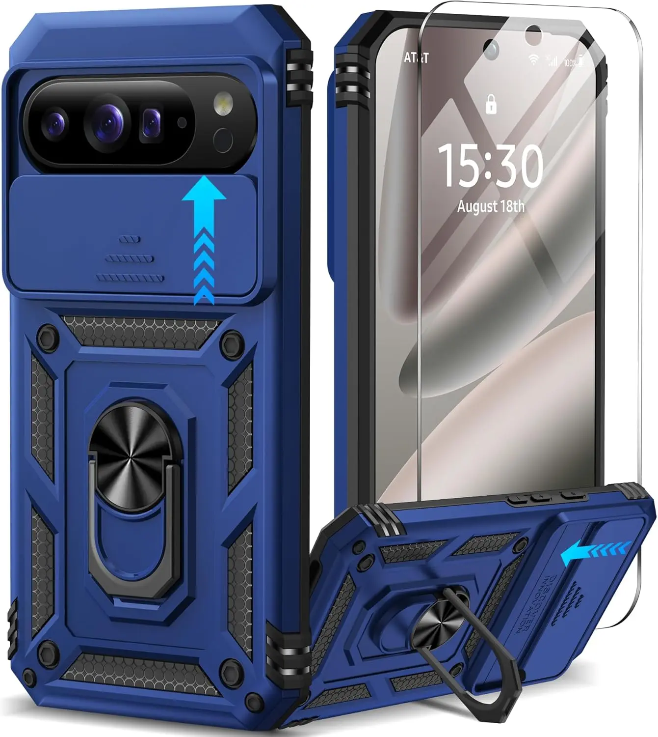 for  Pixel 10 Pro XL Case with Screen Protector & Slide Camera Lens Cover,Built-in 360Rotate  Ring Stand Shockproof Protective Phone Case for Pixel 10 Pro XL Case (Blue)