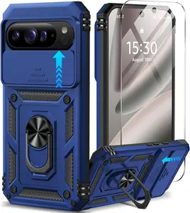 for  Pixel 10 Pro XL Case with Screen Protector & Slide Camera Lens Cover,Built-in 360Rotate  Ring Stand Shockproof Protective Phone Case for Pixel 10 Pro XL Case (Blue)
