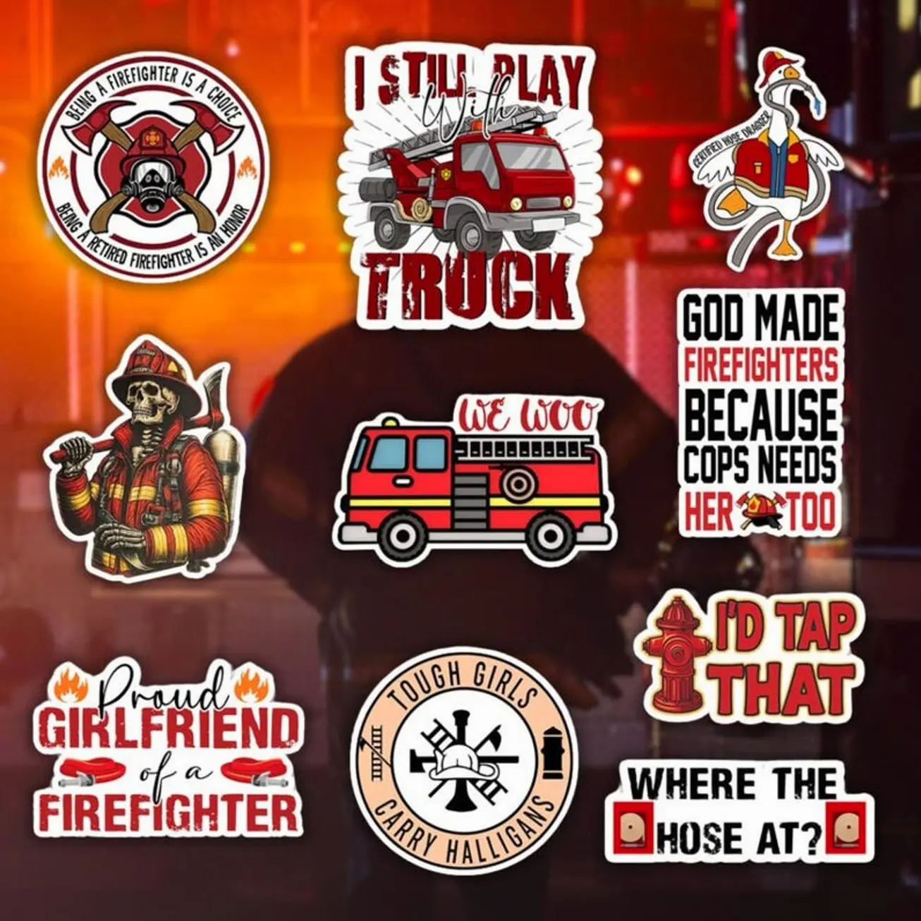 10 Pcs Firefighter Sticker | firefighter, fireman, ax, mustache, fire department, decals