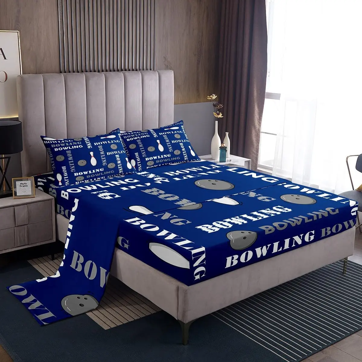 Feelyou Bowling Ball Bedding Set - Microfibre King Bed Sheets, Quick-Drying Breathable All-Season Fitted Sheets, Blue Sports Print Boys' Bedroom Decor, Machine Washable, King Size Bed, Blue Graphic Print Bedding Sets Collections