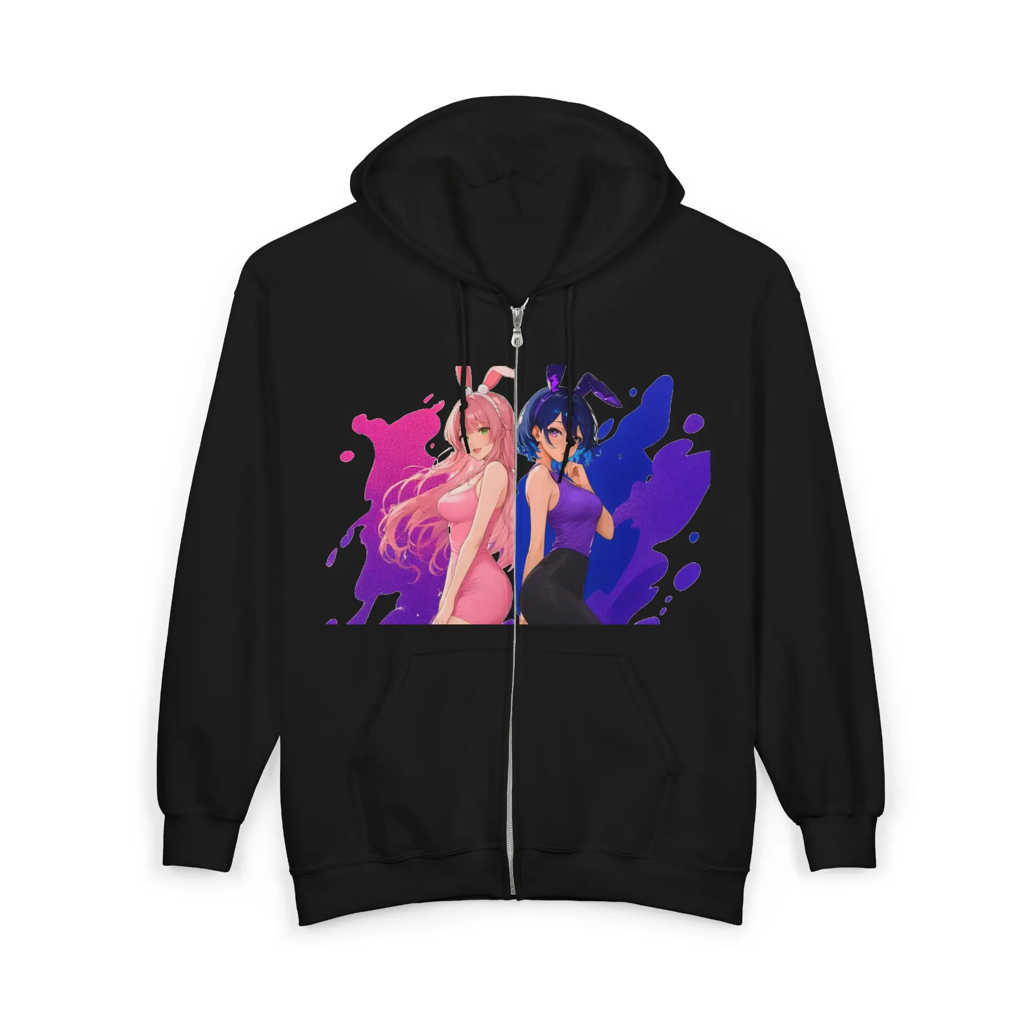 Anime Bunny Girls hoodie | Pink and Blue Split Character Art Zip-Up