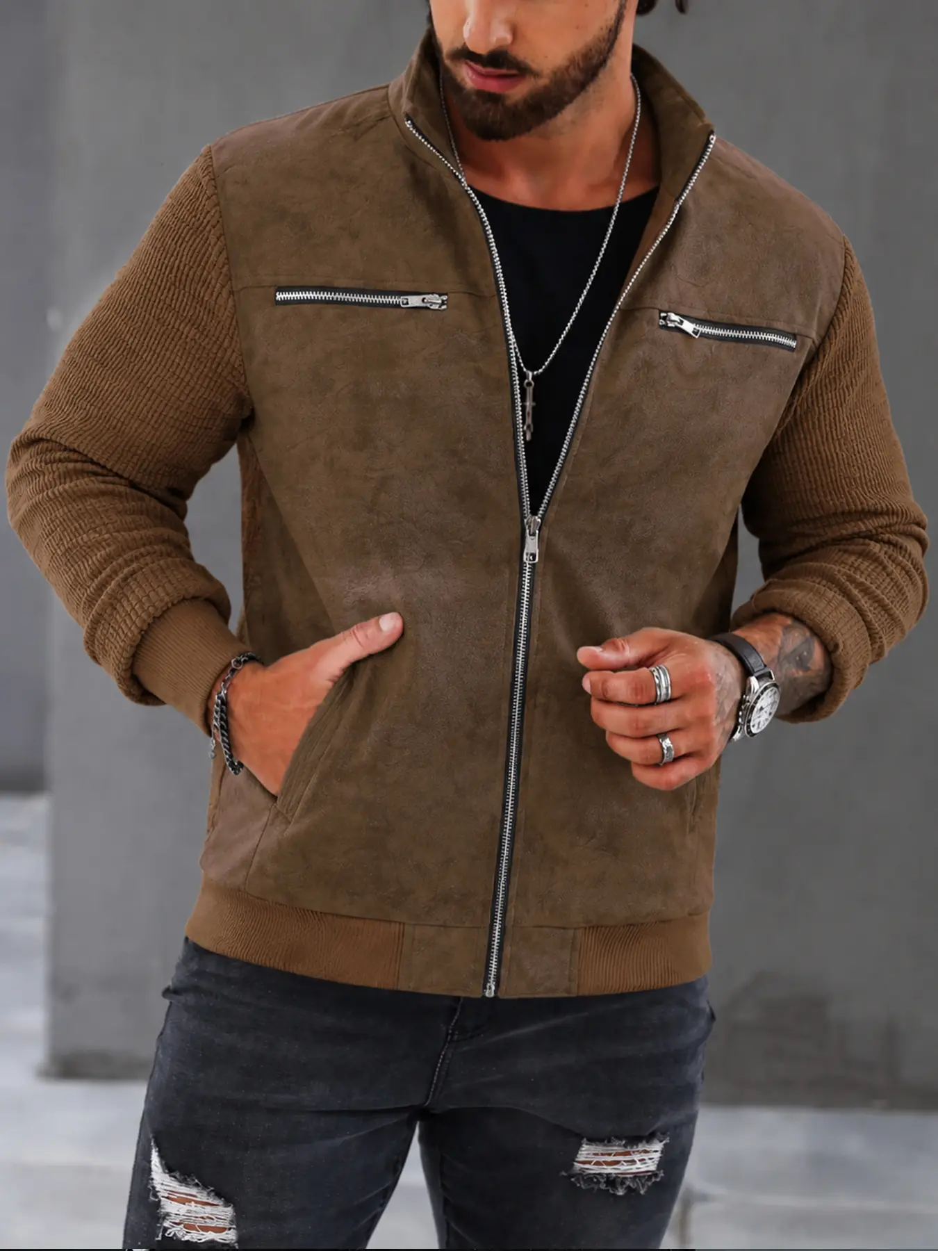 Men Varsity Bomber Jacket Mixed Media Style  Full Zip Textured Casual Jacket with Zip Pockets for Back to School Campus Wear