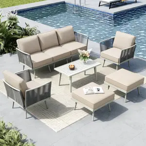 PHI VILLA Metal Patio Furniture Sets with Detachable Rope Rattan Armrest, Outdoor Conversation Set All Weather Patio Sectional Couch with Coffee Table & Ottomans, Beige Cushion