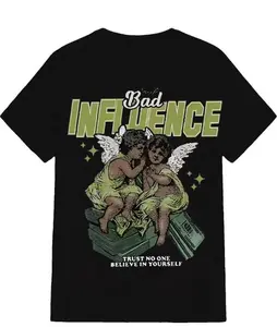 "Bad Influence" Cherub Angel American Retro Black Short-Sleeved Unisex T-Shirt, Edgy Motto Graphic with Cash & Winged Figures, Casual Streetwear for Street Style & Attitude Enthusiasts, Unique Quirky Urban Fashion  Funny Thanksgiving Crew Neck