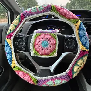 Car Steering Wheel Cover, Colorful Crochet Car Steering Wheel Cover & Seat Belt Cover, Universal Soft Car Steering Wheel Protector for Women