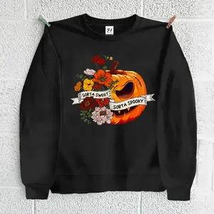 Sweet Sorta Spooky Sweatshirt Flower Pumpkin Pullover Halloween Pumpkin Sweatshirt Halloween Party Gift Spooky Seaso Hoodied Everyday Cotton Sweaters