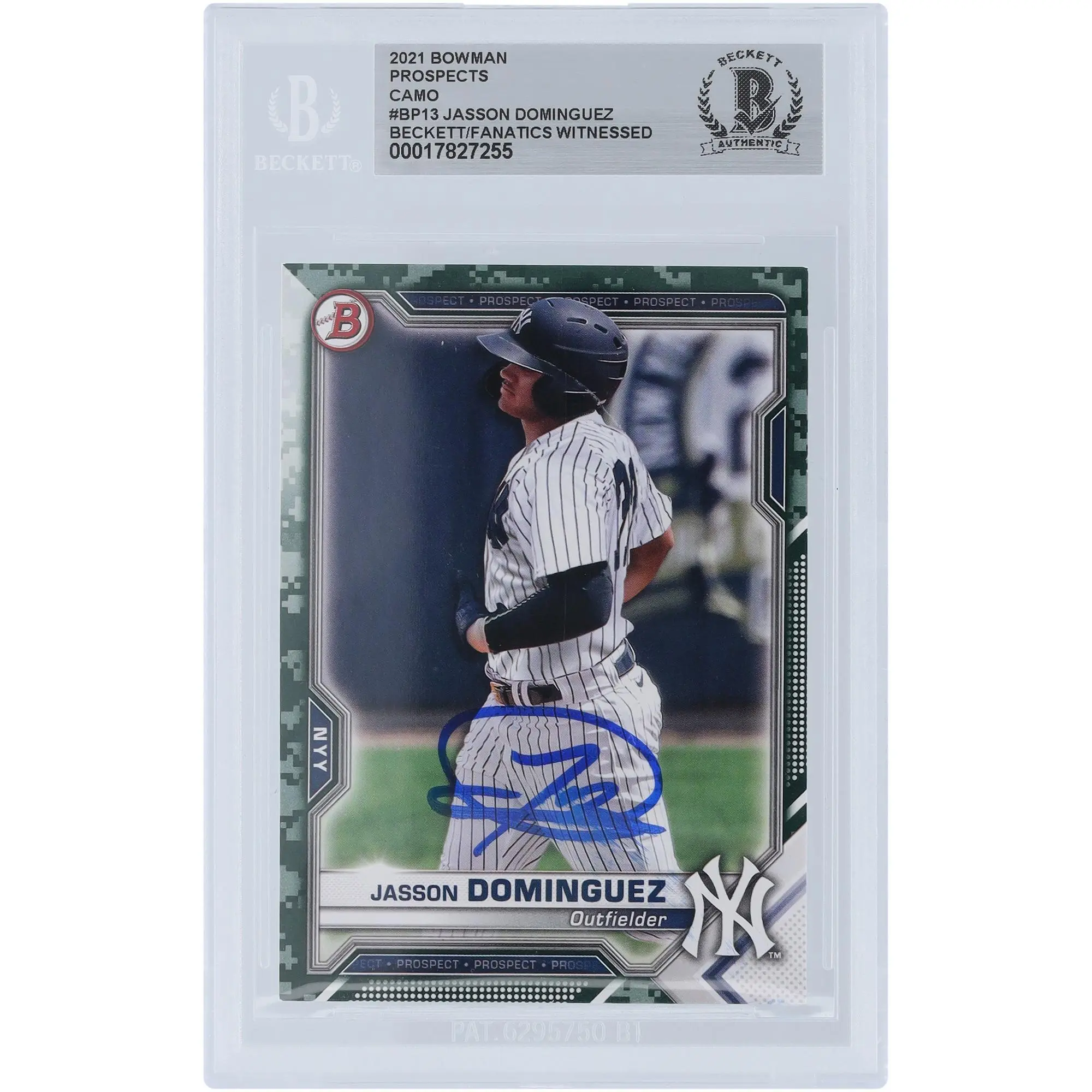 Jasson Dominguez New York Yankees Autographed 2021 Bowman Prospects Camo #BP-13 Beckett Fanatics Witnessed Authenticated Card - Fanatics Authentic Certified