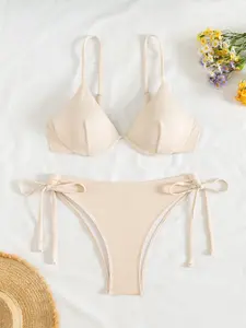 Women's Two-Piece Bikini Set 2025 Elegant Rib Adjustable Straps Underwire Swim Bra & Tie Side Swim Bottom Summer Beach Holiday Vacation Swimsuit Ladies Swimwear (XS-L)