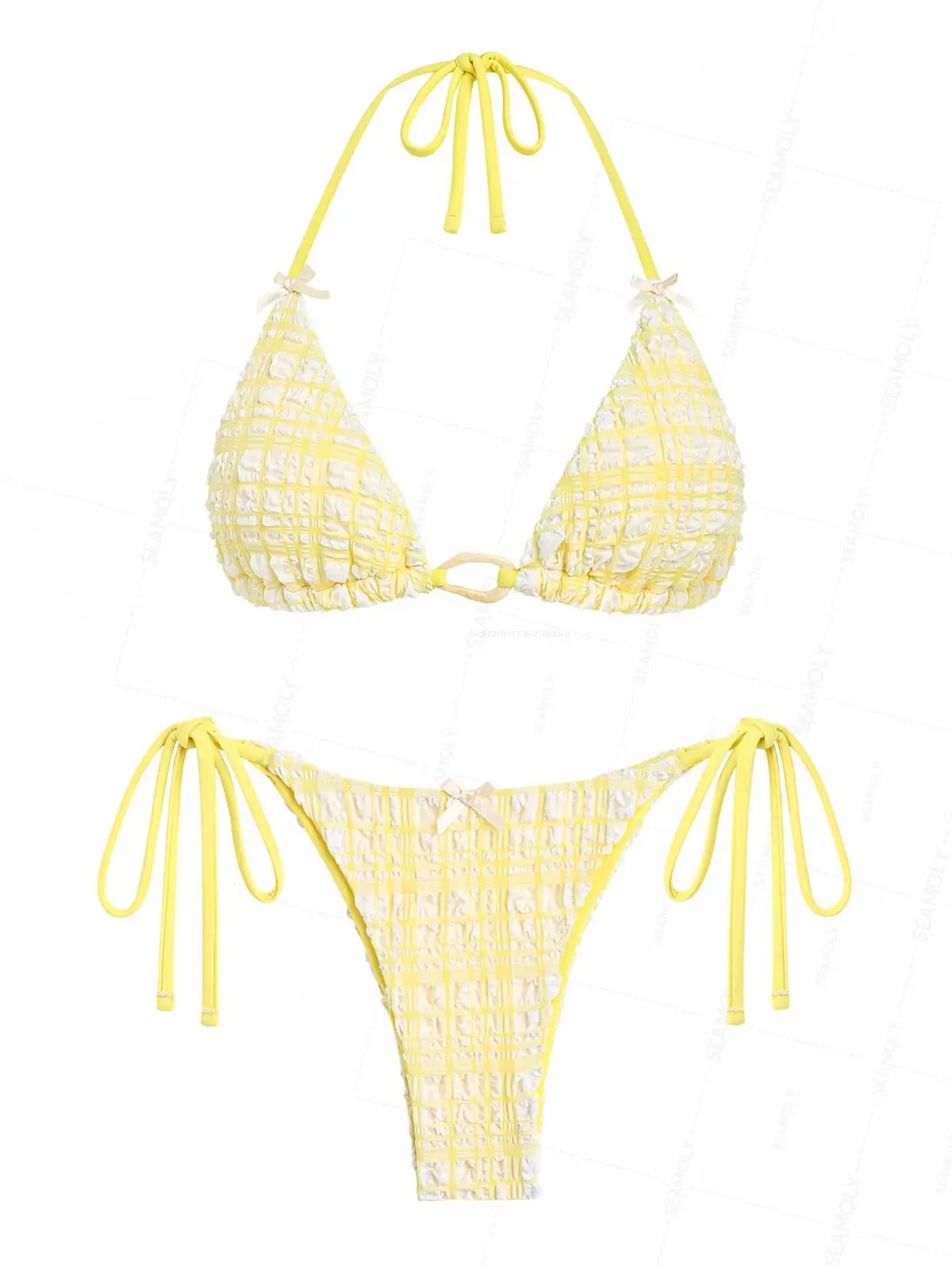 SEAMOLY Women's Textured String Bikini Set, 2-Piece Halter Triangle Top with Bow Detail, Adjustable Tie Side Swimsuit for Beach Parties, Triangle Swim Top, Solid Bikini Set, Two Piece Set