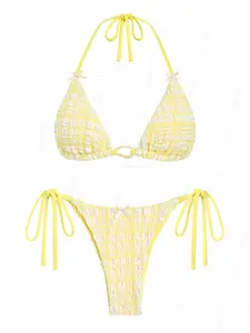SEAMOLY Textured Bowknot Decor Halter Triangle Tie Side Bikini Set for Women Stylish 2-Piece Beachwear with Adjustable Ties High-Stretch Fabric Swimsuit Women Swimwear Hawaii Cheeky Bikini Sets Bathing Suits for 2025