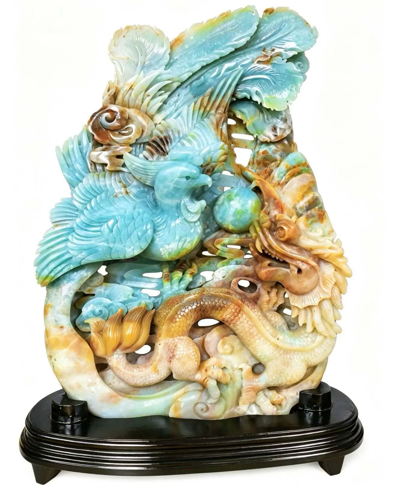 Natural Amazonite / Caribbean calcite Hand Carved Dragon and Phoenix Statue, Feng Shui Lucky Home Decor Ornament with Wooden Base