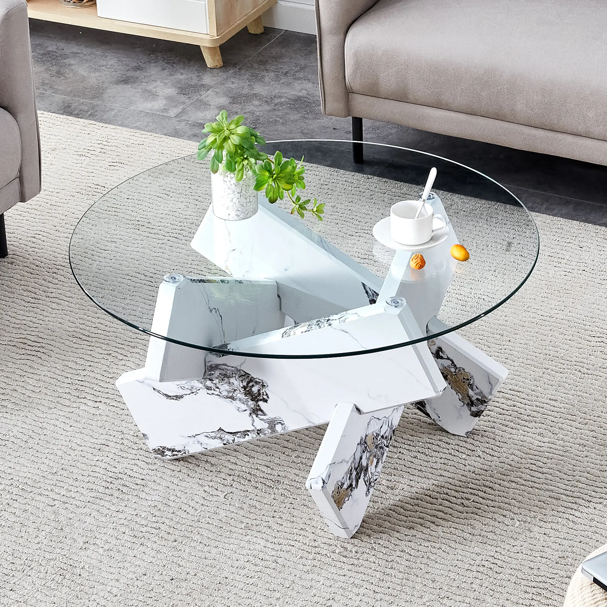 White Round Glass Coffee Table, 33-Inch Small Modern for Living Room Clear Circle Accent Table Adapts to Farmhouse and Contemporary Decor