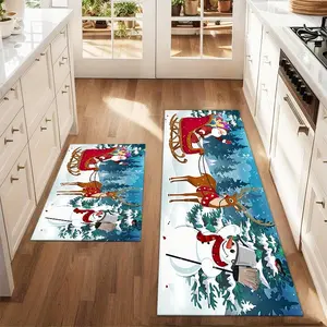2 Pcs Christmas And New Year Printed Kitchen Rug Christmas Scene Santa Claus Sitting On A Sled Hand-Held Floor Mat Set Farmhouse Kitchen Rug Restaurant Floor Laundry Room Decoration Carpet Mat