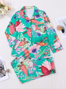 2-Piece Women's All-Over Turtle Print Pajamas Long-Sleeved Pants Suitable for All Seasons Top with Pocket Collar Lapel Loungewear Button-Down Cardigan Casual Set