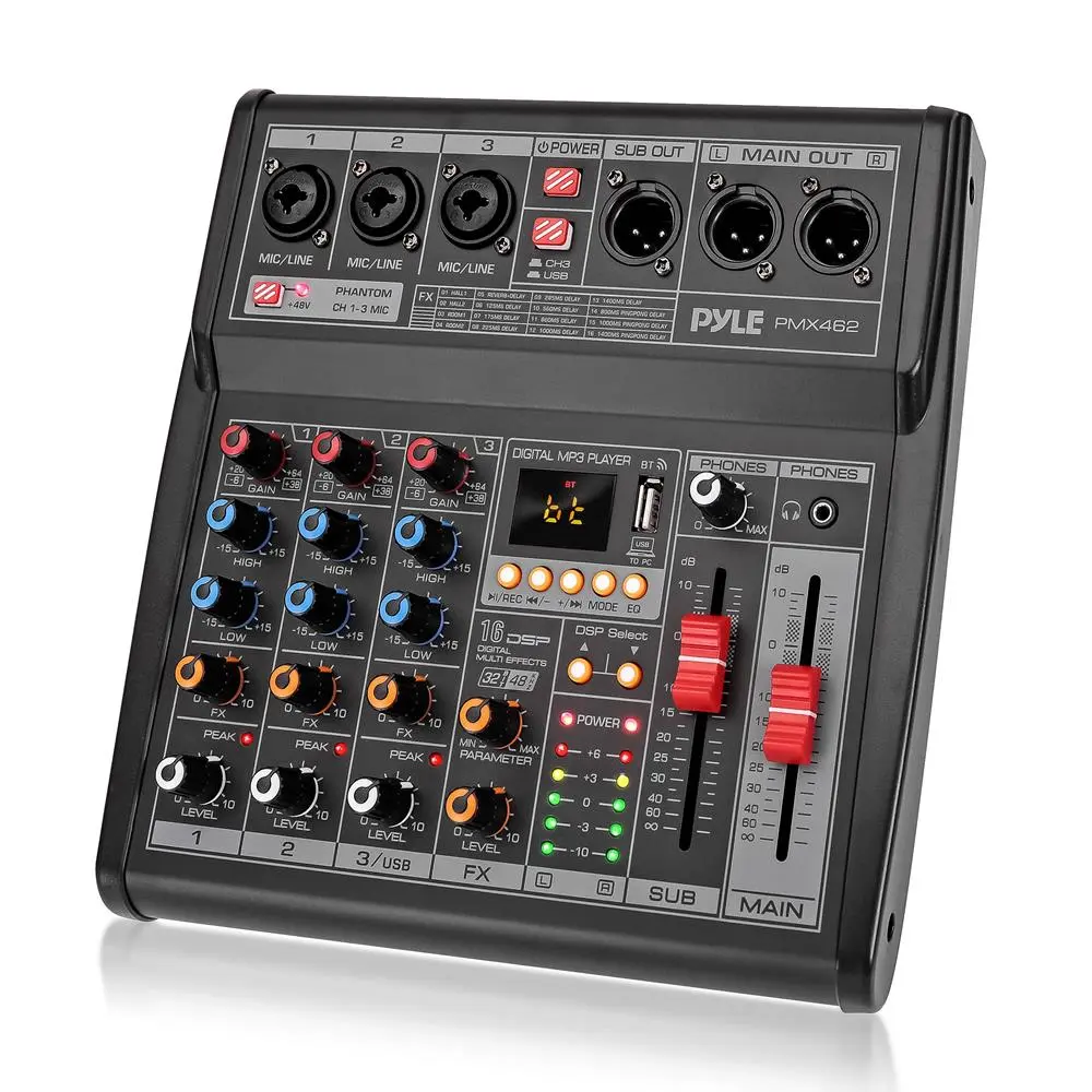 Class-D 3-Channel Digital DJ Audio Mixer - 16 DSP Effects, 2-Band EQ, USB 2.0 Interface, Phantom Power, Noise Reduction, Lights, Luminous Backlit Design, Metal Clip, Card Slot, DC 5V Adapter, Cable, Connector, 9.06’’x9.06’’x2.17’’ for Recording