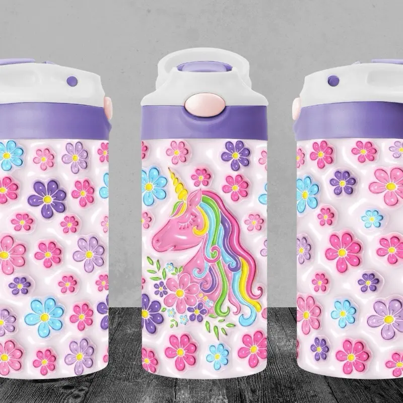 Kids 12 oz Unicorn Flower Spill Proof Water Bottle with Colorful Floral Design and Unicorn Graphic Tumbler Drinkware