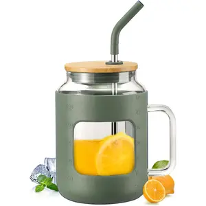 50 oz Glass Water Bottles with  Sleeve,Glass Tumbler with Lid and Straw,Iced Coffee Cup with Handle,-Olive