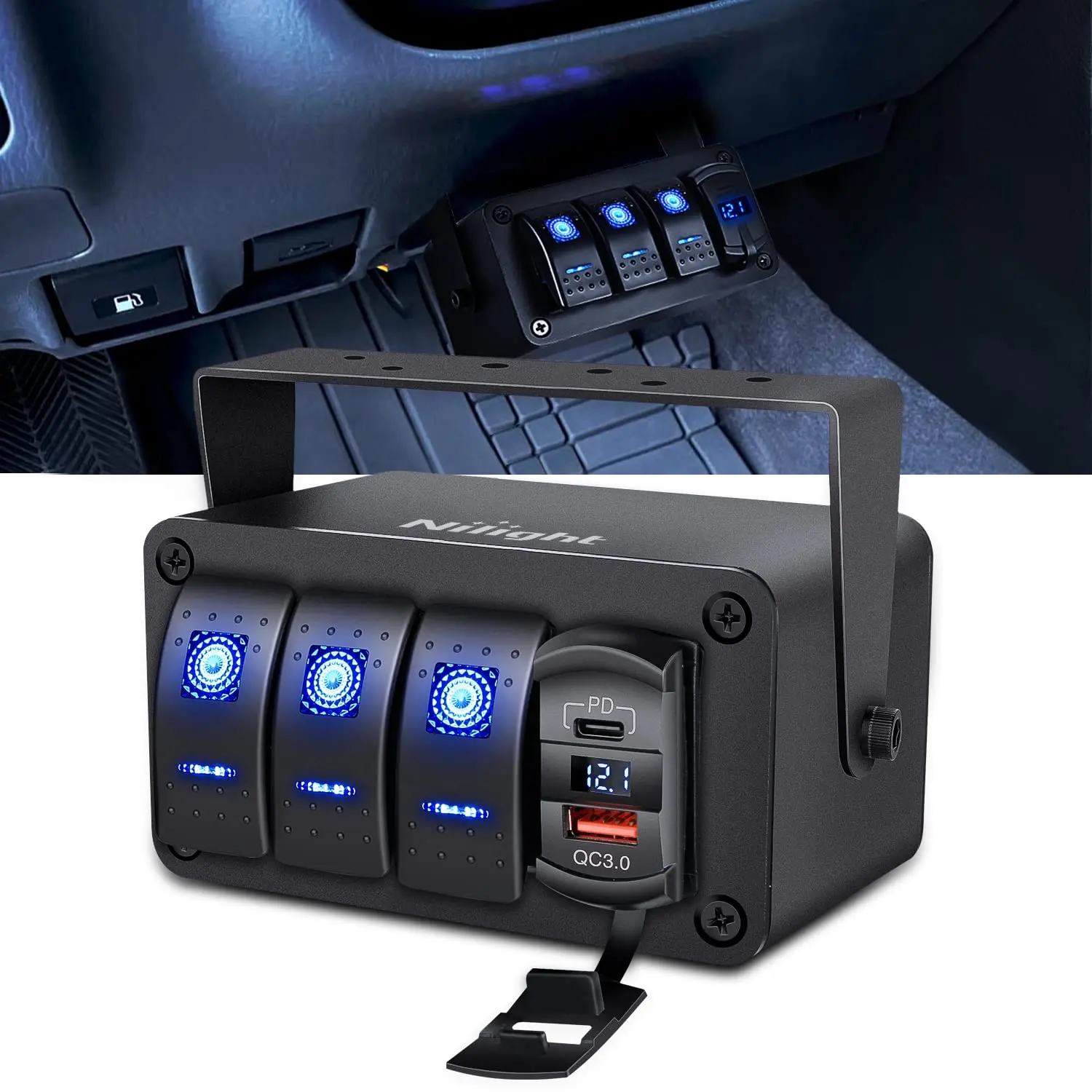 Nilight 3-Gang Waterproof Rocker Switch Panel - Blue Backlit, PD Type C Charger, USB Charger, Voltmeter, Night Glow Stickers, 12V/24V DC for Cars, Trucks, Buses, Car Electronic Devices, 2-Year Warranty (Blue/Box)