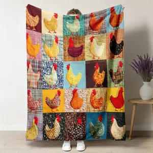 Patchwork Chicken Flannel Throw Blanket, Farmhouse Plaid Chick Soft Cozy Warm Blanket, Gift for Her Him Kids, Nap Blanket for Bedroom Living Room Sofa, Birthday Gift, Country Cottagecore Home Decor