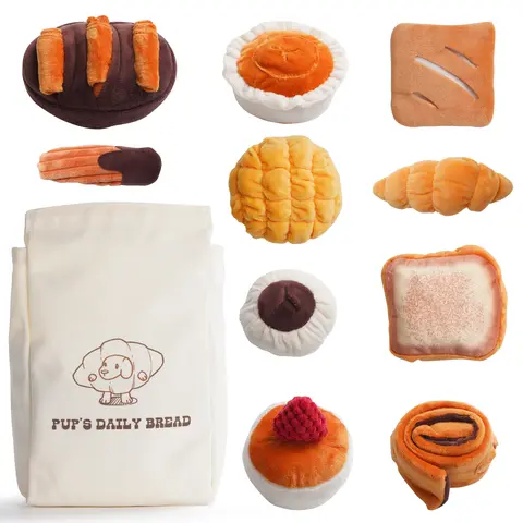 Nocciola 10-Pack Whimsical Soft Plush Dog Toy Set with Grocery-Bag Storage, Hidden Pockets, Crinkle Squeaky Fabric, Double Reinforced for Small-Medium Dogs - Hide and Seek, Mental Stimulation, Reduce Boredom (Cartoon Sushi, Seafood, Turkey, Piggy Shapes)