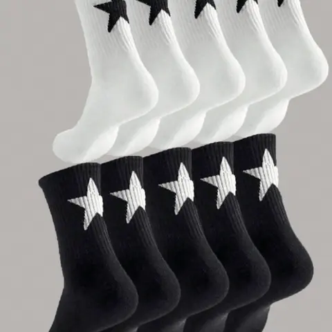 10 Pairs Sock Packs Mixed Color Star Pattern Trendy Couple Versatile Breathable Mid-Calf Socks, Comfortable Sports Socks for Couples, Socks Men, All Season Socks