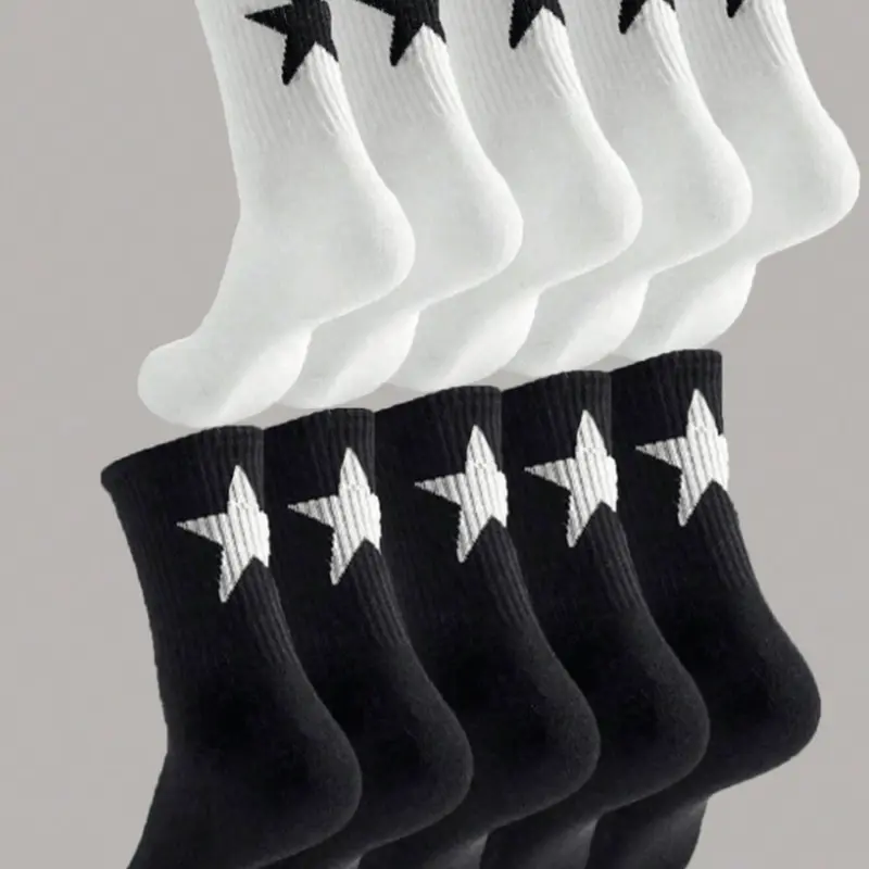 10 Pairs Sock Packs Mixed Color Star Pattern Trendy Couple Versatile Breathable Mid-Calf Socks, Comfortable Sports Socks for Couples, Socks Men, All Season Socks