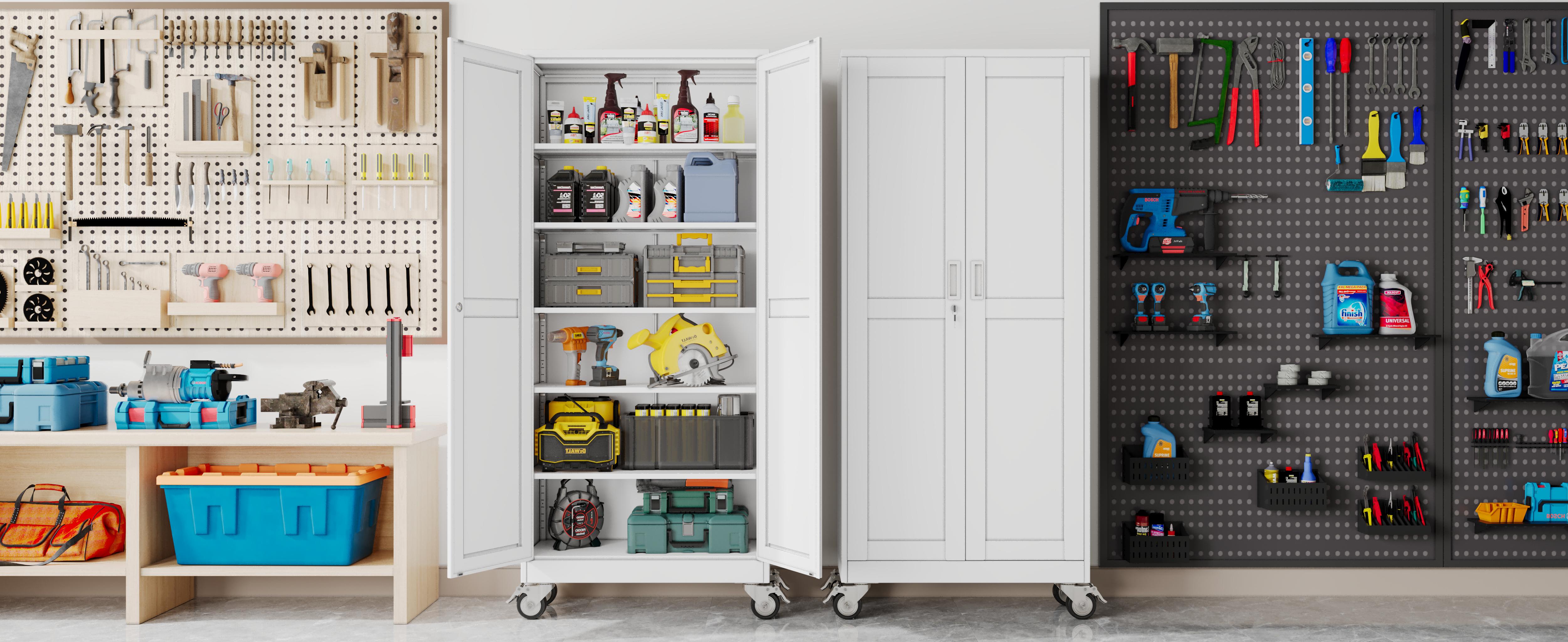 Heavy-Duty Metal Storage Cabinet with Wheels, 2-Door Steel File Cabinet with 5 Adjustable Shelves for Garage, Home Office & Warehouse Heavy-Duty Metal Storage Cabinet with Wheels, 2-Door Steel File Cabinet with 5 Adjustable Shelves for Garage, Home Office & Warehouse