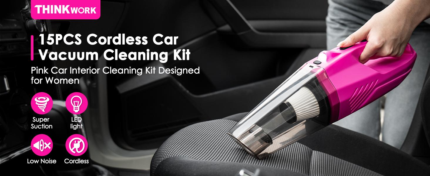 THINKWORK Car Detailing Kit Interior Cleaner with 8000PA Cordless Pink Handheld Vacuum Cleaner & 5 Detailing Brushes for Women's Car Care Gift