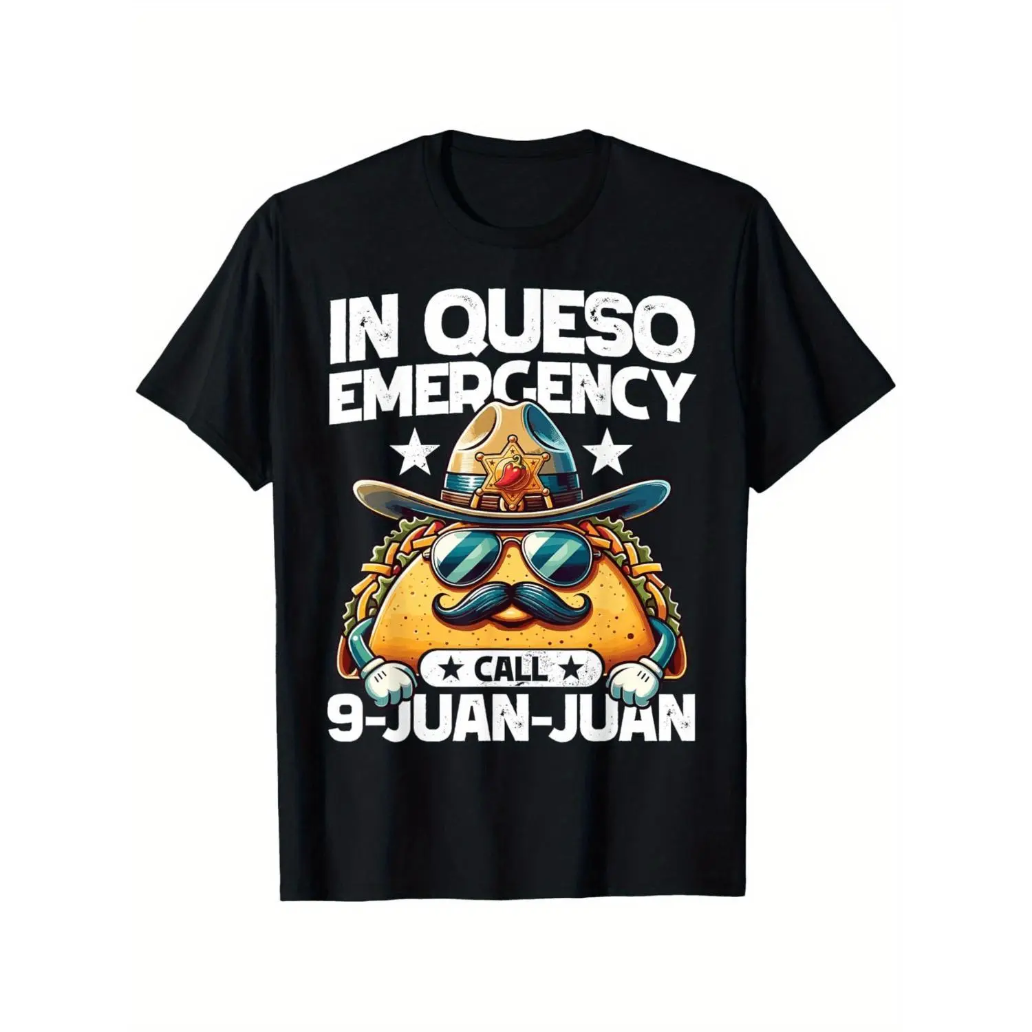 Women's Short-Sleeve Casual Graphic Streetwear Cotton Top, "In Queso Emergency Call 9 Juan Juan" Funny Pun Design, Round Neck, Cinco De Mayo/Halloween Gift for Men Women, Shortsleeve, Tshirt