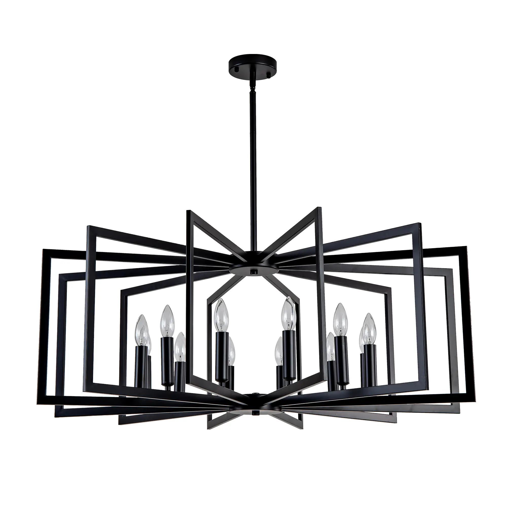 12 Light Farmhouse Pendant Light Fixture, Industrial Metal Lantern Chandelier with Adjustable Height, Matte Black Tiered Hanging Ceiling Light for Dining Room Kitchen Island Entryway Foyer