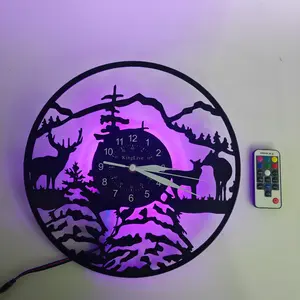 Deer Forest Theme Vinyl Record Wall Clock, Unique Deer Design for Nature Lovers, Hunters, Modern Rustic Classic Home Decor, Led Wall Clocks