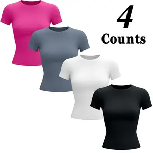 4Pack Women's Crew Neck T-shirt Soft Seamless Yoga Short Sleeve Gym Shirt Comfortable Sports Tops for Lifestyle Fashion Women Fitness Clothing, Gym Workout Tops, Active T Shirts
