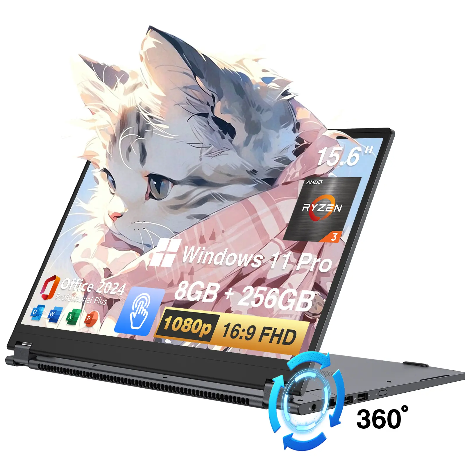 TPV 15.6" 2-in-1 Convertible Portable Laptop - Windows 11 Pro, AMD Ryzen 3 3200U, AMD Radeon Vega 3, 8GB DDR4 RAM, 256GB Storage, 1920x1080 FHD Touchscreen, Wi-Fi 5, BT5.1, RJ45, HDMI Support, Backlit Keyboard, Gray Student Laptop, Wifi