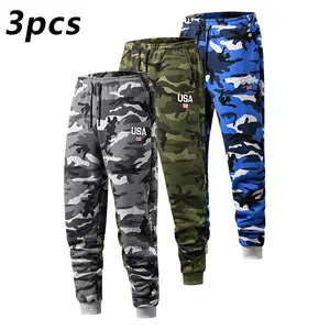 Men's Camouflage Joggers Set 3pcs - USA Flag Embroidery, Adjustable Drawstring Waistband, Pockets, Comfortable Warm Fabric for Running Hiking Biking & Casual Wear