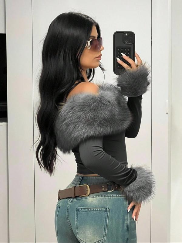 Fluffy Collar Spliced Shoulder Long Sleeve T-Shirt, Fashionable and Elegant, Perfect for Autumn Winter Seasons, Women's Casual Top