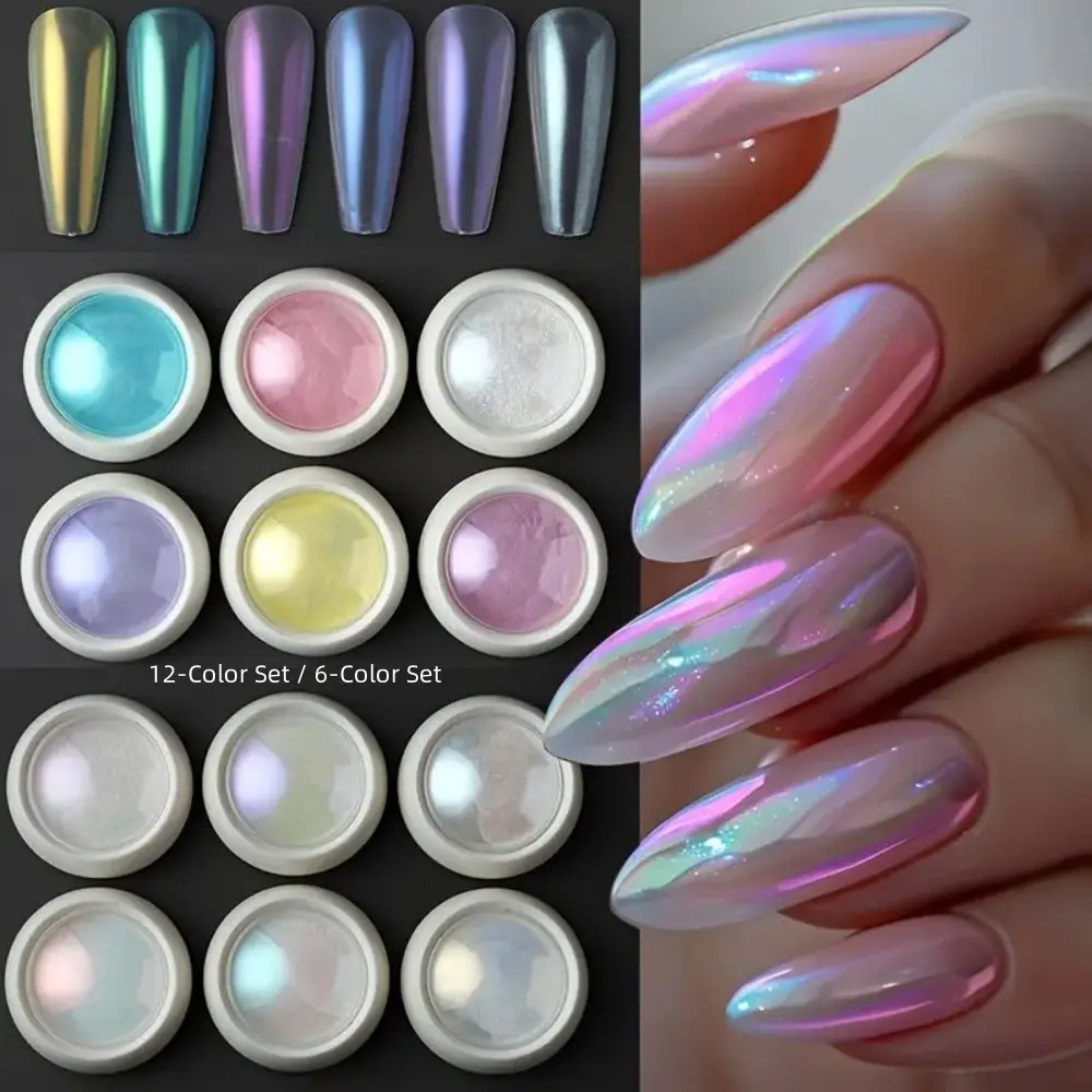 12pcs Aurora Nail Powder Set, Blue Chrome Glitter UV Gel Polish Nail Art Design Dip Powder, Manicure Kit for Nails, Non-Flammable Liquid, Translucent Glitter, Nail Art Supplies