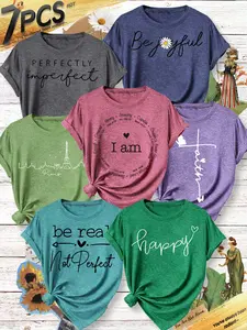 7-Pack Women's Crew Neck T-Shirts, "Be joyful"/"I am"/"faith"/Paris Inspirational Slogan Print Set, Multiple Colors Available, Machine Washable, Spring & Summer Casual Top, Soft Skin-Friendly Fabric, Daily Versatile, Fashion Design