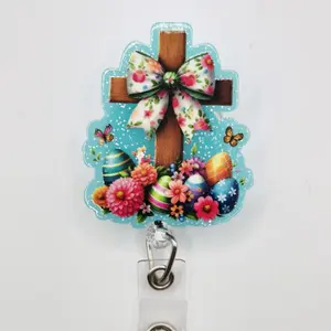 Easter Cross Springtime Eggs Passover  Glitter Acrylic Retractable Badge ID Reel Belt or Alligator Clip