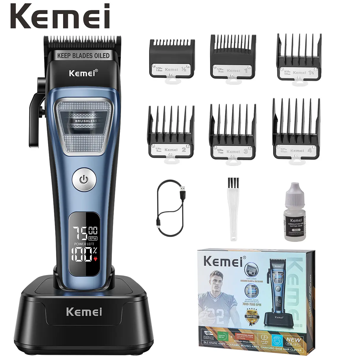 Kemei KM1911 Professional Hair Clipper with a DLC blade and a brushless motor, LED display, and charging base design. An ideal gift for the holiday season.
