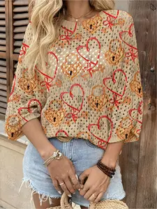 Spring & summer Bohemian Casual knit top, round neck, hollow-out batwing sleeves, loose fit. Contrast heart print, lightweight. Perfect for daily, commute, vacation, beach bikini cover-up & Valentine's Day. Womenswear