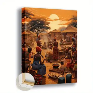 African Village at Sunset Canvas Art Print Wooden Wall Art - Woman Cooking Around the Stove, Traditional Clothing and Thatched Cottage, Wooden Frame for Home and Office Decoration, Perfect for Bars, Cafes, Shops or Bedrooms, Ideal Christmas Gift