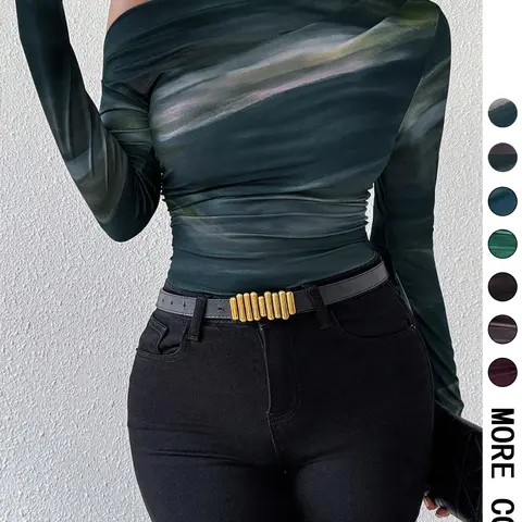 Women's Marble Print Ruched Asymmetrical Neck Slim Tee Top, Casual Long Sleeve T-Shirt for Spring & Fall, Women's Clothing for Daily Wear, Fit, Fabric, Asymmetrical Shoulder Top