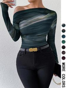 women's marble print ruched asymmetrical neck tee, casual long sleeve t-shirt for spring & fall, women's clothing for daily wear