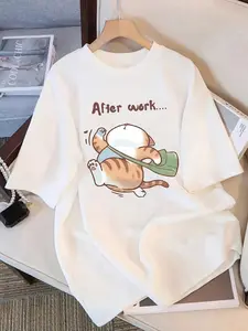 After Work Cat with Bag And Phone 100% Round Neck White Male T-Shirt Comfortable Breathable Soft Casual Tee Suitable for All Seasons Daily Wear Streetwear Basic Top Perfect Gift for Friend