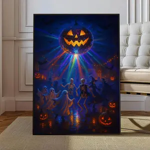 Unframed, Room Decor, Jack-o’lantern Disco Party – Halloween Pumpkin Poster, Retro Neon Nightclub Wall Art - 5 Sizes (8x12–27x40 inch)